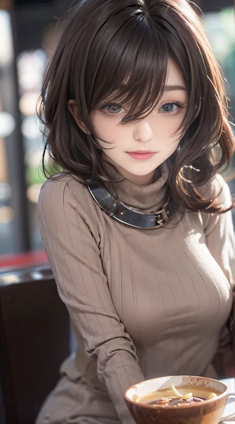 ((Mature woman sitting in front of café)),((turtleneck shirt:1.3)). 40k, Photography, masutepiece, Best Quality, dark grey background, ((Mature Women, waifu, Mami, A MILF)), ((voluptuous breasts)), Perfect face, perfect breasts - huge)), ((One girl with br...