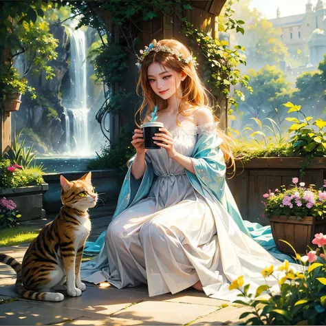 concept-art、❴Beautiful girl drinking coffee with cat❵、beautiful countenance、Gentle smile、Clear skin、Fantasia、accurate depiction、Accurate composition、​masterpiece、4K