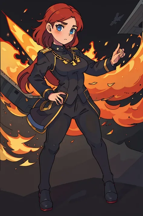 girl, red hair, captain of an aircraft carrier, black uniform, full body, black pants, gold rank insignia, standing straight