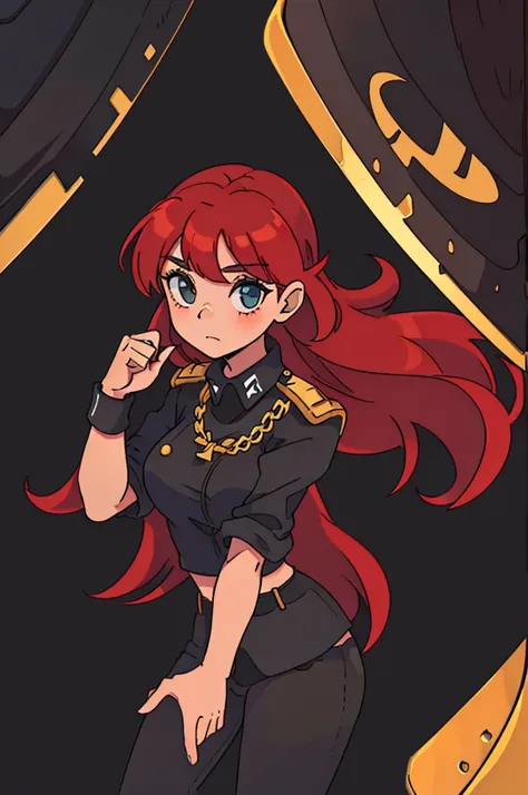 girl, red hair, captain of an aircraft carrier, black uniform, full body, black pants, gold rank insignia, standing straight