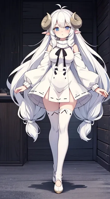 (sheep girl:1), (sheep horn:1), 1female, pale-skinned female, kemonomimi, fluffy sweaterdress, white clothing, fluff lining, long white hair, pale blue eyes, heart patterns on clothing, dawn bedroom bg, (((full body)))