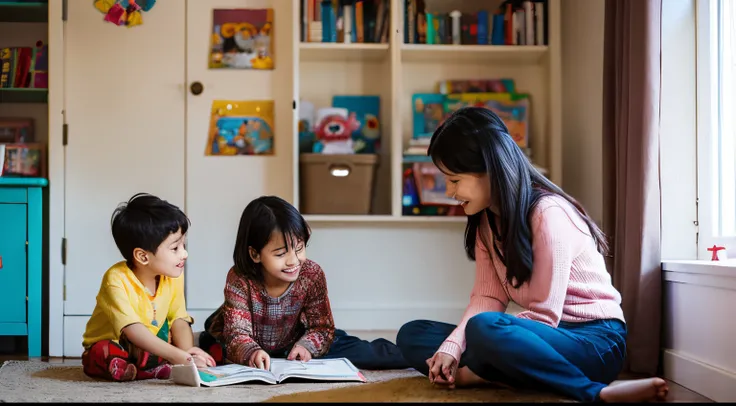 Mom is sitting in the bedroom wiith kids  read the books