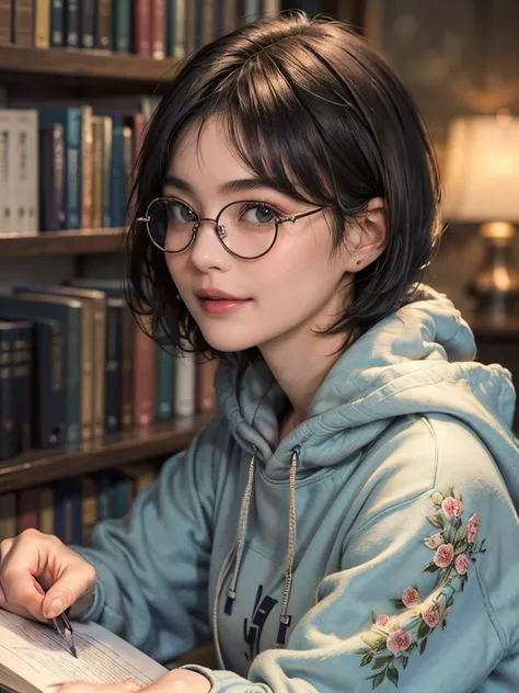 136
(a 20 yo woman,I&#39;m in a dark library), (A hyper-realistic), (high-level image quality), ((beautiful hairstyle 46)), ((short-hair:1.46)), (Gentle smile), (brest:1.46), (lipsticks), (Wearing glasses), (murky,wide,atlibrary), (florals), (wearing hoodi...