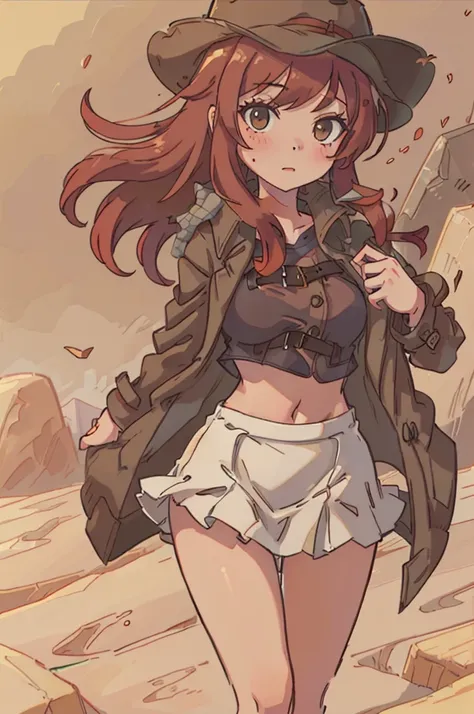 girl, red hair, ((long brown coat)), cowboy hat, desert, tight skirt, midriff