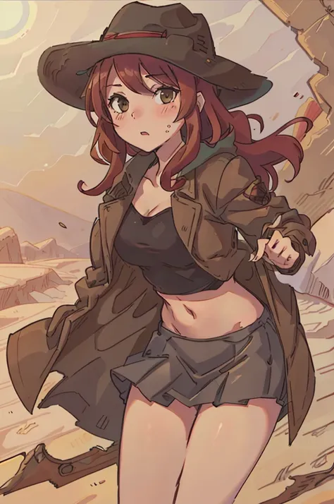 girl, red hair, ((long brown coat)), cowboy hat, desert, tight skirt, midriff