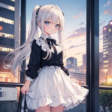 white color hair，double ponytail curl color eye，White Lolita，Beth，Bustling cityscape naked