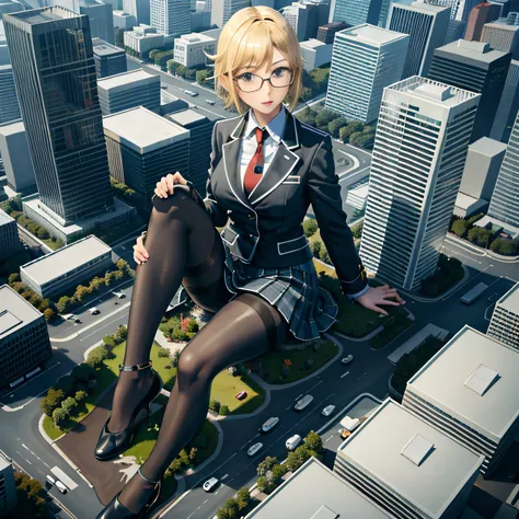 archiaerialview, giantess art, a hyperrealistic schoolgirl, highly detailed giantess shot, der riese, shorthair, black pantyhose...