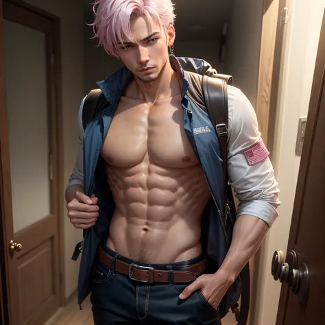 8k, masterpiece, best quality, realistic, higly detailed, cowboy shot, 1boy, solo, Uesugi Fuutarou, young boy, very short hair with a single long strand on the right side, white-pink hair, a single earring, dark blue eyes, average height, well-endowed figu...