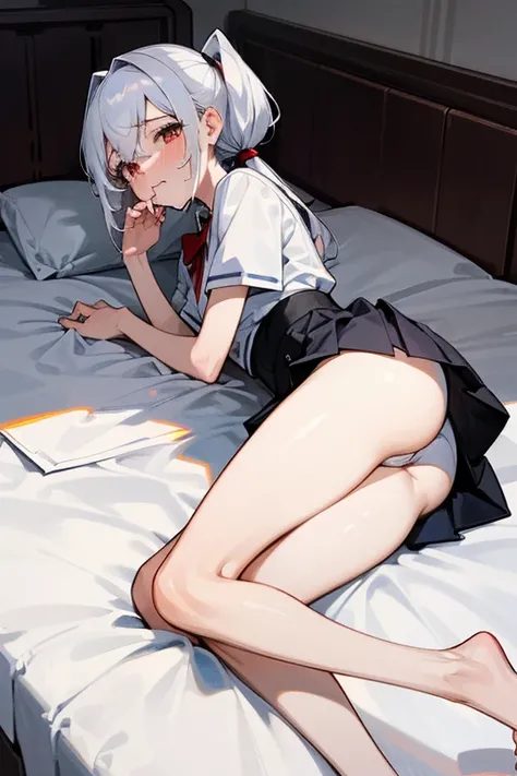 ((Best quality at best)), ((tmasterpiece)), (Detailed pubic hair), s the perfect face，spread thighs，White hair，high ponytails，Anime shoujo，Lie down in bed，The face is red，Expose the bottom of your skirt to the audience，Showing the bottom of your skirt to t...