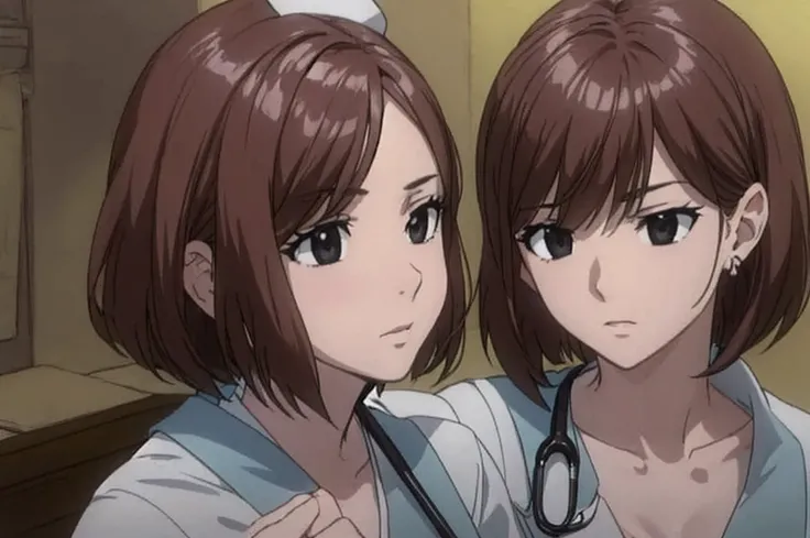 A beautiful woman with a nurse&#39;s bob cut hairstyle is glaring at a male doctor with contemptuous eyes。