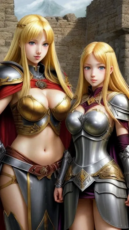 family of girls, beautiful, detailed face , blondes, tall, redhead, curvys, sexy, using armor with cape, style roman empire, queens blade