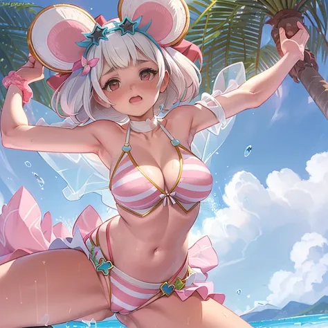 1 girl,Lori,Petite,huge-breasted,pointed breast,cleavage,underboob,sideboob barbosa,(blush),((embarrassed)),Wet,spreading arms,Open legs,(((Clothes lift))),(see through),(((white))),(((white and pink horizontal striped bikini swimsuit))),Erect nipples