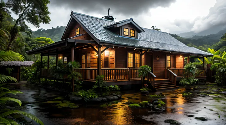 vintage wooden house, lush small house, beautiful house, night, lights on, costa rica green rainforest, heavy rain falling on th...