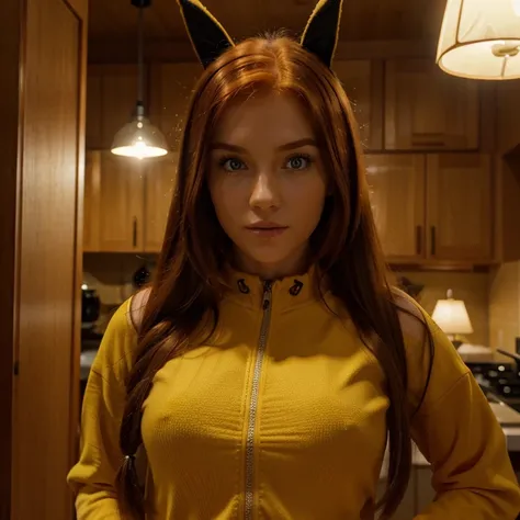 A Caucasian red hair mid 20s girl, fit, staring at the viewer, fit realistic at home somewhere in Eastern Europe, glowing hazel greenish eyes, intense, wearing a Pikachu costume, solodramatic lightinasterpiece:1.2), best quality, high resolution,   beautif...