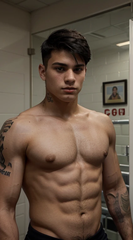 American young man, 17 years old, black hair military cut , affiliated features, height 1.93, weight 88 kg, muscular build, broad shoulders, v-shaped body, totally hairless, hockey player, tattoos,enfoque de cuerpo completo