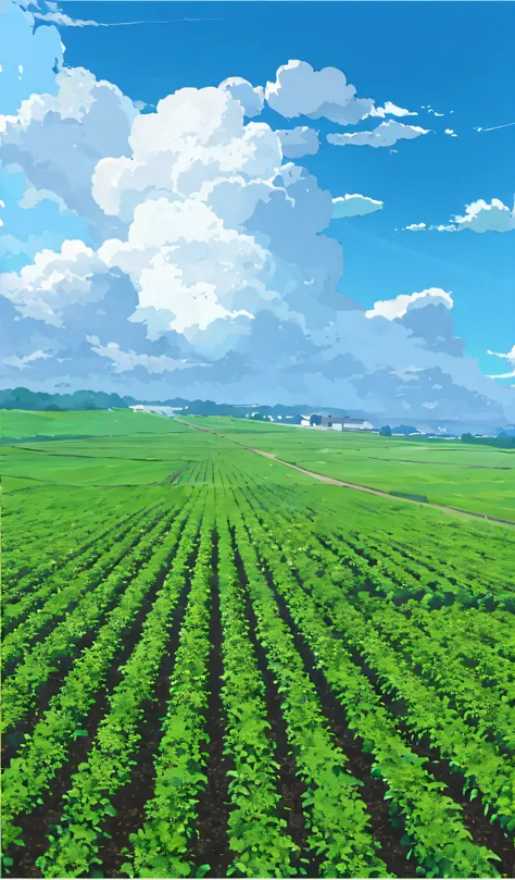 potato field，cropper，distant blue sky and white clouds makoto shinkai animation style，vibrant with colors，crops arranged neatly，