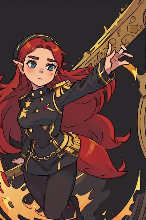 girl, long red hair, captain, black uniform, full body, black pants, gold rank insignia, long black boots, captains hat