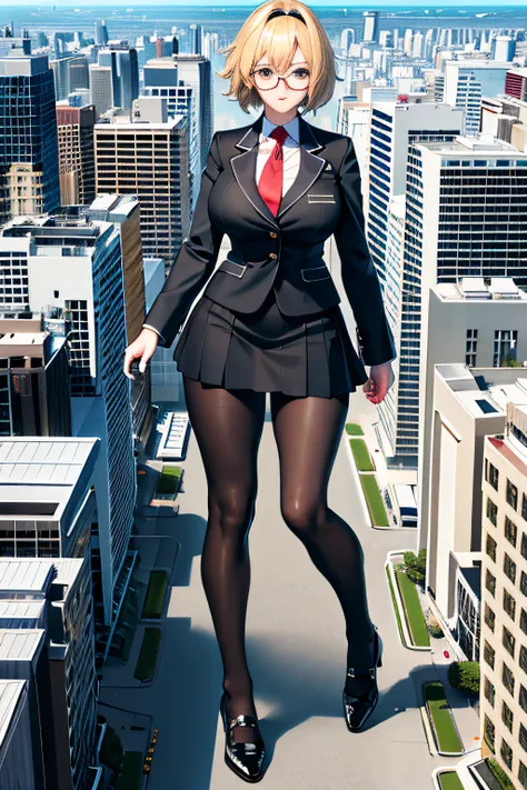 architecture, giantess art, a hyperrealistic schoolgirl, highly detailed giantess shot, der riese, Shorthair, Black pantyhose, A gigantic high school girl that exceeds a skyscraper, Wearing rimless glasses, Colossal tits, Navy blue blazer, Red tie, Mini Le...