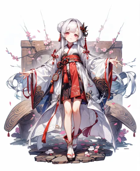 Attractive character design,Full body portrait,Harakami Impact,((Small Girl)), White background, Long sleeves, low eyes without highlights, actress,(((Hanfu))),White hair, Pink eyes, Hair ornaments, Dress, drooping bangs,Raw feet, Thigh,Chinese style,hair ...