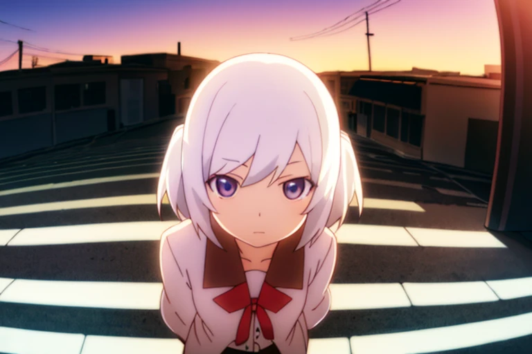 best quality, masterpiece, solo, (1girl), white_hair,naoetsu uniform,crosswalk,sunset, fisheye, looking at viewer, from above,