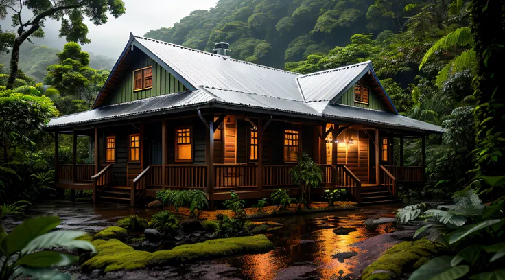 Vintage wooden house, lush small house, beautiful house, night, lights on, Costa Rica green rainforest, Heavy rain falling on the roof, Emphasizing the contrast between the natural environment and the rainwater flowing from the roof, dark scene after the r...