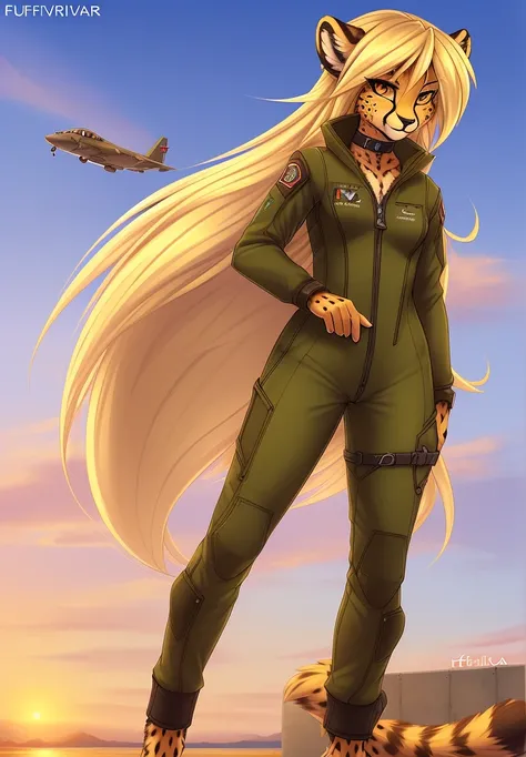 fluff-kevlar, by fluff-kevlar, anthro, ((cheetah)), female, ((1woman)), ((small breasts)), ((long hair)), ((blonde hair)), flight line, on e621, choker, detailed body, finely detailed eyes, finely detailed paws, female focus, (hair detailed correctly), Mih...