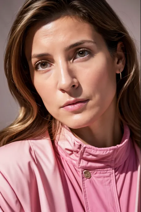 Alphafie woman wearing a pink shirt and pink jacket, Kimberly Astin, jenna barton, Angie Grocca, head shot, Glamour Shot, dramatic art, 40 year old woman, malika favre, alana fletcher, Huge jaws, facing at camera, Full Headshot, Portrait Sabrinaroid, breat...