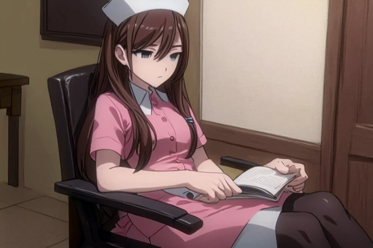 A beautiful nurse with long hair is sitting on a chair with a sad expression。