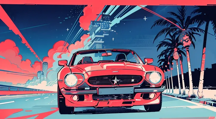 (cyberpunk road by the sea, red glowing road, starry sky, big moon, palm trees), (classic convertible car), (low contrast, flat color, limited palette)