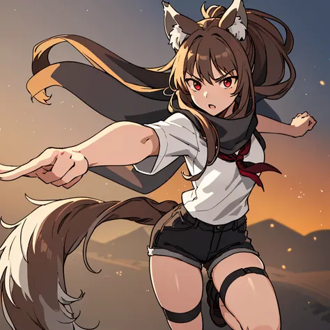 (masterpiece,best quality), 1girl, animal ears, wolf ears, tail, wolf tail, red eyes, wolf girl, brown hair, long hair, large ponytail, hair bangs, hair over shoulders, one brown eye and one silver eye, dark gray scarf, gray short sleeve shirt with white t...