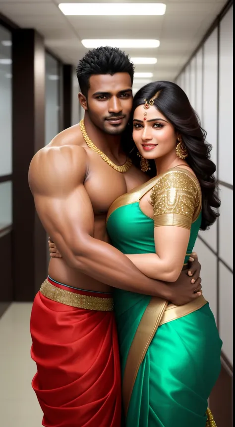 1 muscular very hary, handsome and attractive African man with sexy Indian married woman bit chubby wearing full saree. Both are hugging pose. In office. Hyper realistic image detail image.