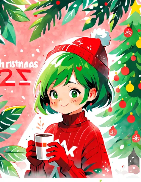 Minimalist，succinct，scribbles，English magazine cover，（girl：1.5），bust，Playful expression，Short hair，Red Christmas Beanie，Red Christmas turtleneck sweater，Wearing red and green gloves，rot，yuki，Large English letters，hot coffee，Christmas tree，white backgrounid