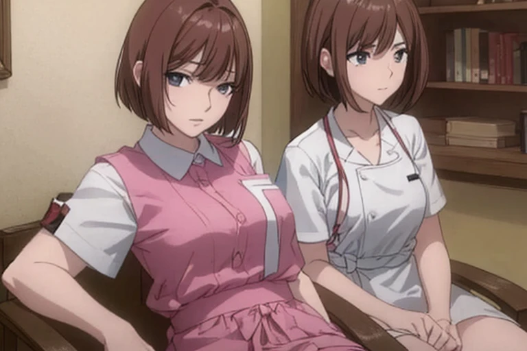 A beautiful nurse with a bob cut is sitting on a chair with a sad expression。