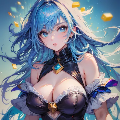 ((pixelart style)), pix, 4-bit pixel art, 1 busty girl, Close-up cleavage, Just look at the face, dark-blue hair, Inner light hair, Cyan eyes, Water-colored eyes, Light particles, Large hair, curlies, Very long hair, Pixel official art, Ridiculous resource...