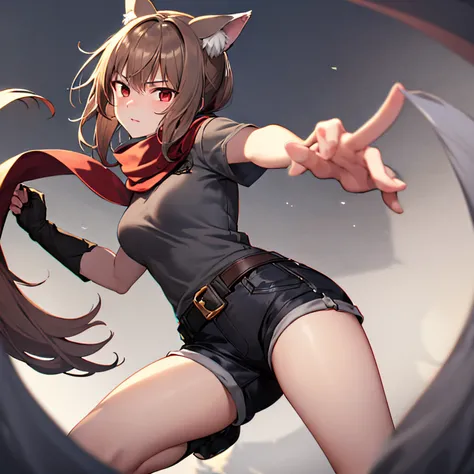 (masterpiece,best quality), 1girl, animal ears, wolf ears, tail, wolf tail, red eyes, wolf girl, brown hair, long hair, large ponytail, hair bangs, hair over shoulders, one brown eye and one silver eye, dark gray scarf, gray short sleeve shirt with white t...