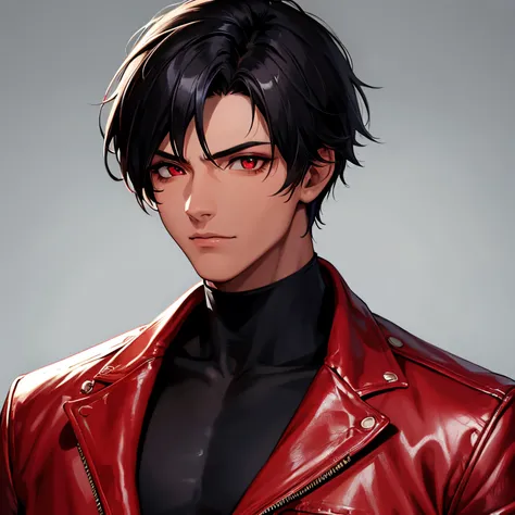 1boy, best quality, detailed face, detailed eyes, (dark-skinned male:1.1), black hair, short hair, red eyes, serious, red jacket, leather jacket, black turtleneck, black jeans, muscular male, simple background