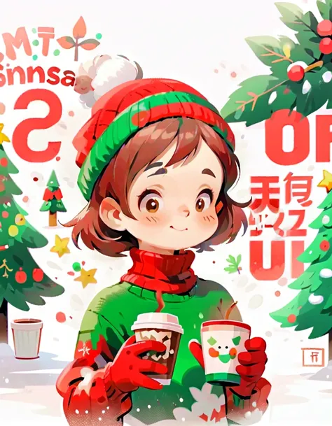 Minimalism, simplicity, graffiti, English magazine cover, (cartoon girl: 1.5), bust, playful expression, short hair, red Christmas beanie, red Christmas turtleneck, wearing red and green gloves, red, Snow, big English letters, hot coffee, Christmas tree, w...