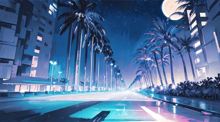 (cyberpunk road by the sea, blue glowing road, starry sky, big moon, palm trees), (classic convertible car), (low contrast, flat color, limited palette)