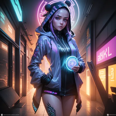 a digital illustration of a person in a hoodedie with a glowing halo, advanced digital cyberpunk art, dan mumford and alex grey style, cyberpunk art style, digital cyberpunk - anime art, dan mumford. maya render, greg beeple, psytrance artwork, portrait of...