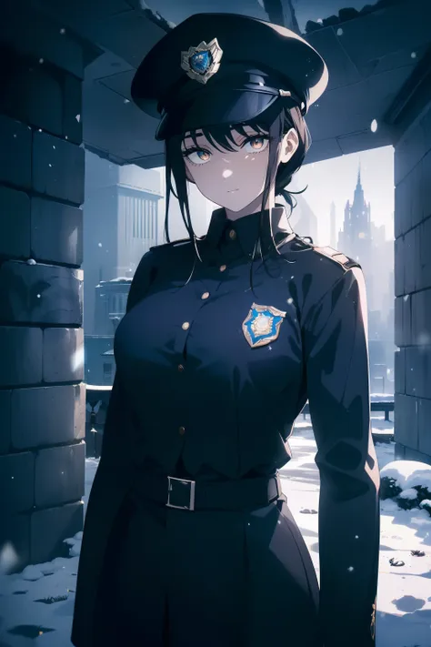 ((obra maestra, la mejor calidad, ultrahigh resolution)), 1girl, standing, confidant stance, (((((police officer, wearing blue p...