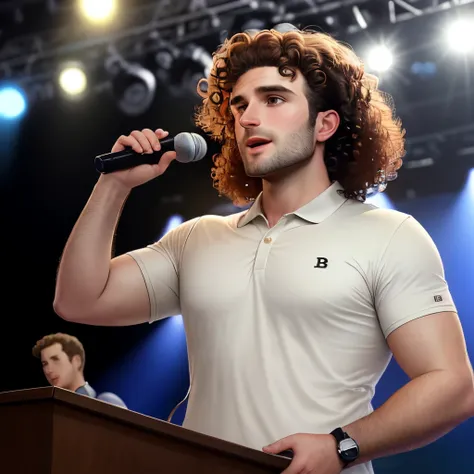 30-year-old man in brown, white polo shirt with letter B, curly hair low down, holding a reporter&#39;s microphone