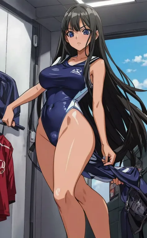 A beautiful woman with long black hair, big breasts, and beautiful legs is standing in a school changing room in a blue competitive swimsuit.。