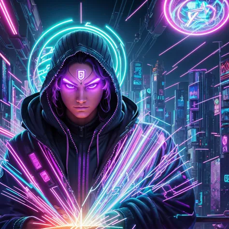 a digital illustration of a person in a hoodedie with a glowing halo, advanced digital cyberpunk art, dan mumford and alex grey ...