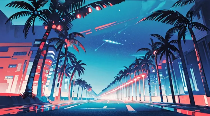 (cyberpunk road by the sea, blue and red glowing road, starry sky, big moon, palm trees), (classic convertible car), (low contrast, flat color, limited palette)