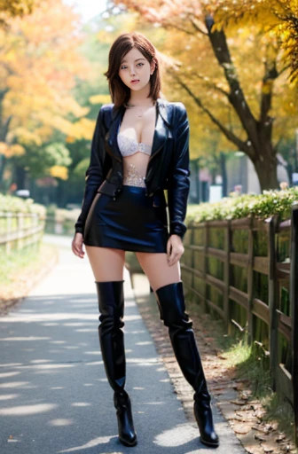 8K分辨率, Ultra-high-definition CG images, Long Focus, 1girl in, 20yr old, Detailed beautiful faceangs braids, bronze:1.4), (stop hair:1.4), (Autumn coordination), a miniskirt, long boots, variation color, pointed chest, Beautiful chest line, Pendants, Detail...