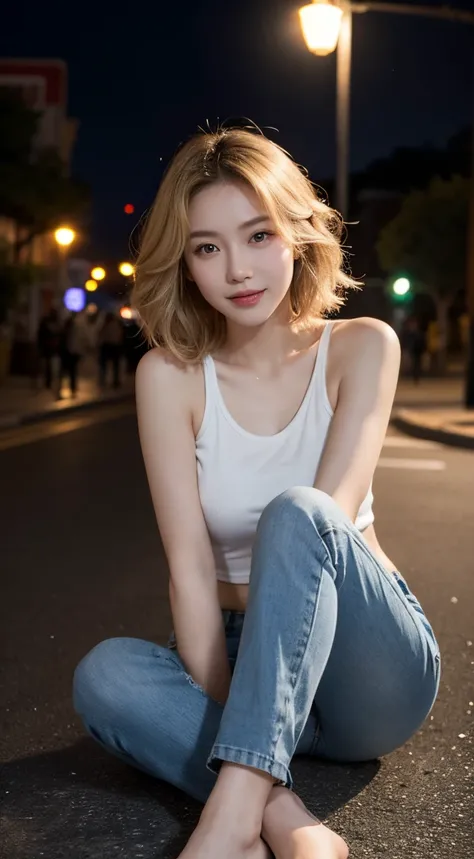 30 years old Chinese Woman, Short Wavy blonde hair, Smile, Model body, Jeans, White Tanktop, Looking at Viewer, Sitting pose, At night under the street lights, High Resolution, High detail, Photoshoot, POV, Cinematic Lighting.