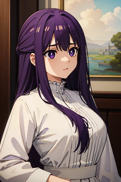 (masterpiece, best quality:1.2), close-up image of a person with long purple hair and white shirt, purple eyes, bulli, wearing [...