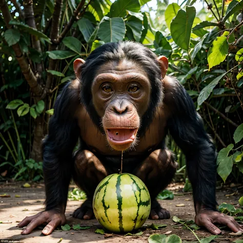 (best quality,ultra-detailed),funny chimpanzee eating watermelon,eating watermelon in the jungle,happy chimpanzee with juicy watermelon,playful chimpanzee with messy face,watermelon peel on the ground,sunlight filtering through the trees,colorful tropical ...