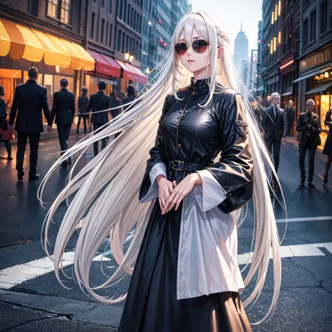 Ultra Quality, Shiny Skin, Atmospheric, 8K, Cinematic, ((Street background)), BREAK, ((Long White Hair)), narrowed black eyes, long black dress, fingers crossed, Sunglasses