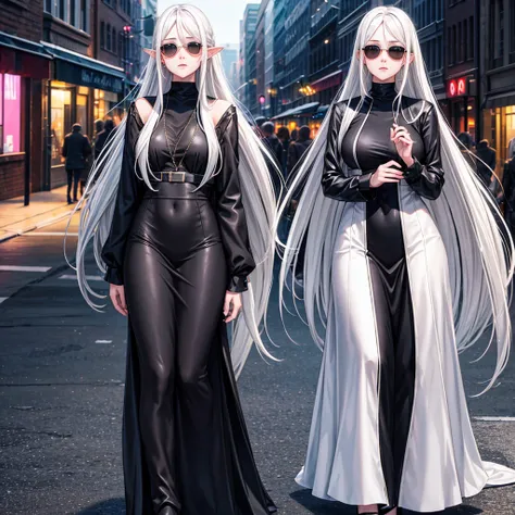 Ultra Quality, Shiny Skin, Atmospheric, 8K, Cinematic, ((Street background)), BREAK, ((Long White Hair)), narrowed black eyes, long black dress, fingers crossed, Sunglasses